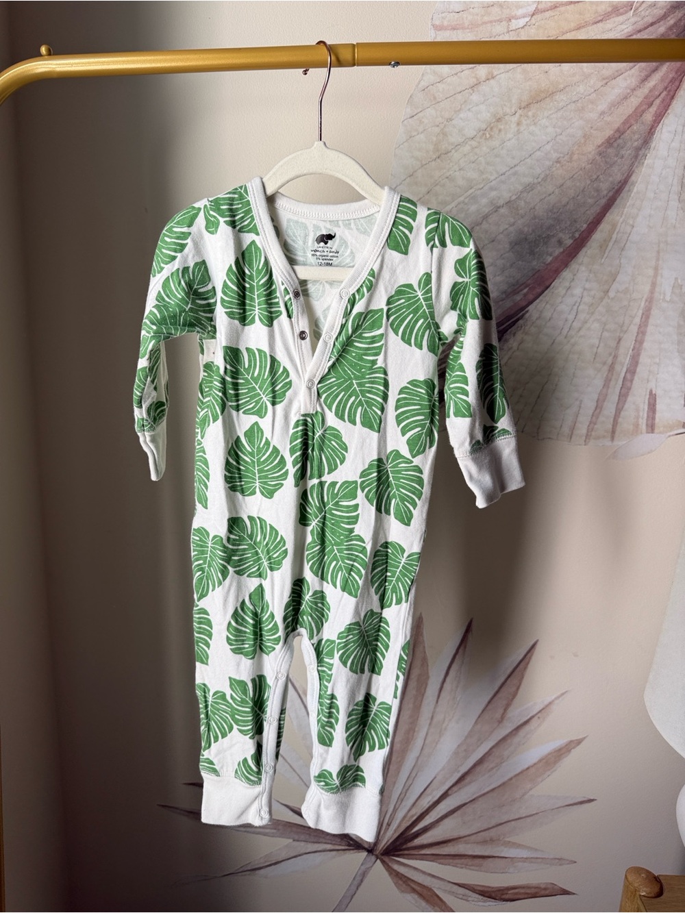 Long-Sleeve Baby One-Piece in White with Green Leaf Print